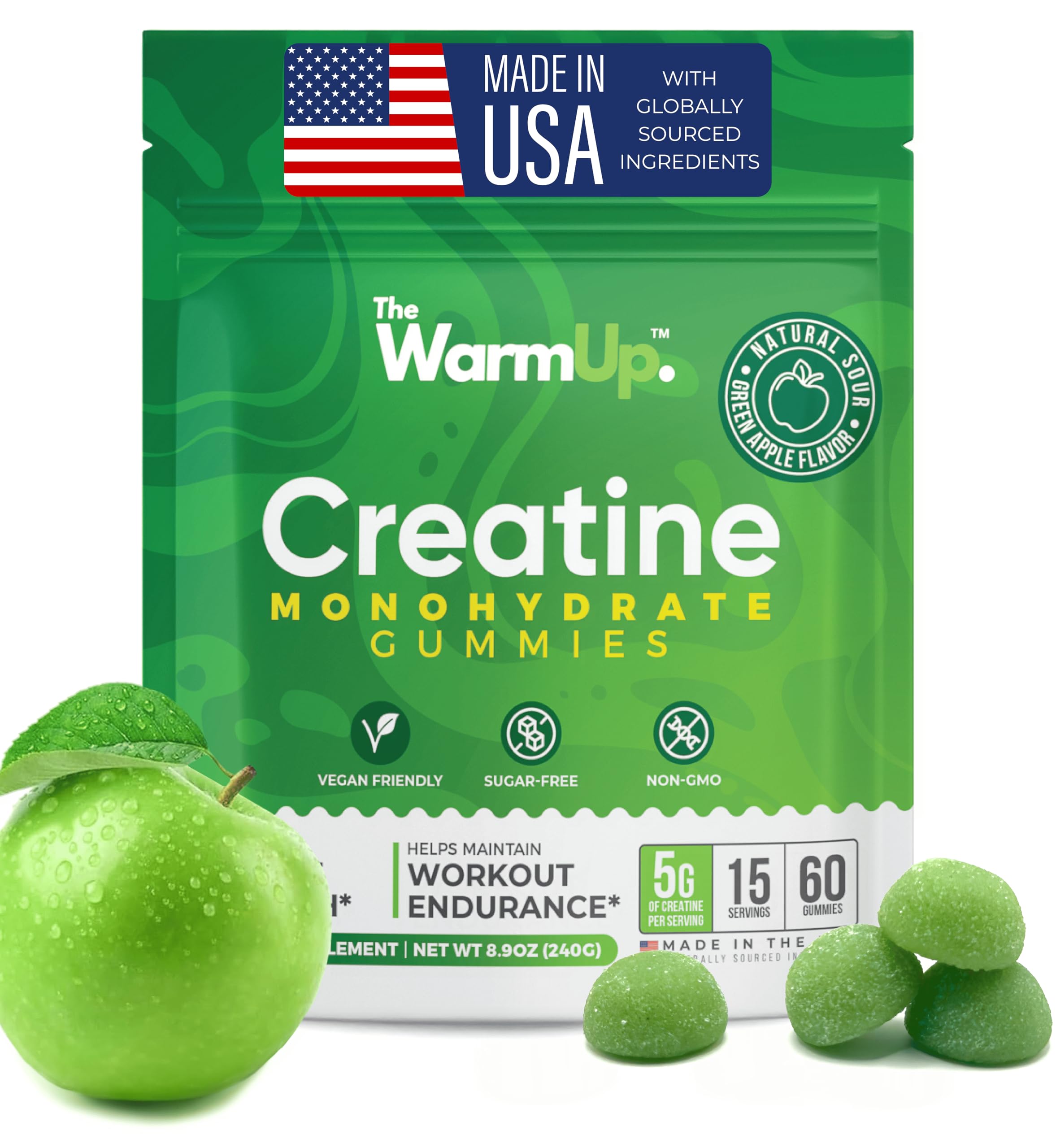Photo 1 of **EXP:02/2027** TheWarmUp Creatine Monohydrate Gummies (15 Servings, 60 Count), Sour Green Apple | US Made, Convenient Pouch | Sugar-Free, Vegan, Non-GMO, Gluten Free | Boost Strength & Focus