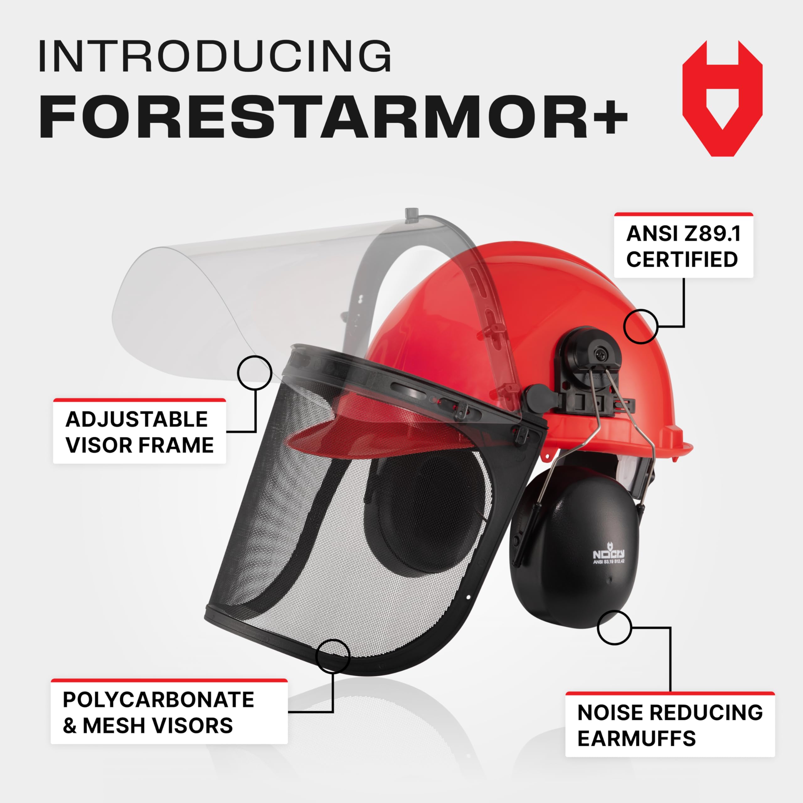 NoCry 6-in-1 Industrial Chainsaw Helmet with Face Shield and Ear Muffs - Includes Mesh and Clear Plastic Face Visor - ANSI Z89.1 Certified Forestry Helmet
