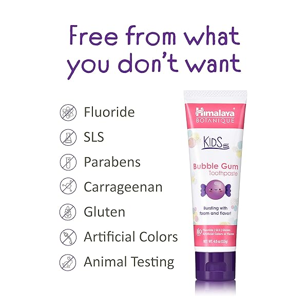HIMALAYA BOTANIQUE KIDS TOOTHPASTE WITH XYLITOL, BUBBLE GUM FLAVOR – GENTLE FLUORIDE FREE TOOTHPASTE – VEGAN, GLUTEN FREE, SLS FREE, NO ARTIFICIAL FLAVORS OR COLORS, 4 OZ