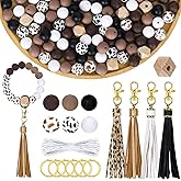 JarThenaAMCS 100Pcs Cow Print Silicone Beads Assorted Brown Black White Round Rubber Keychain Making Kit With Elastic Rope Wood Key Rings and Tassels for DIY Crafts Jewelry Bracelet Pen