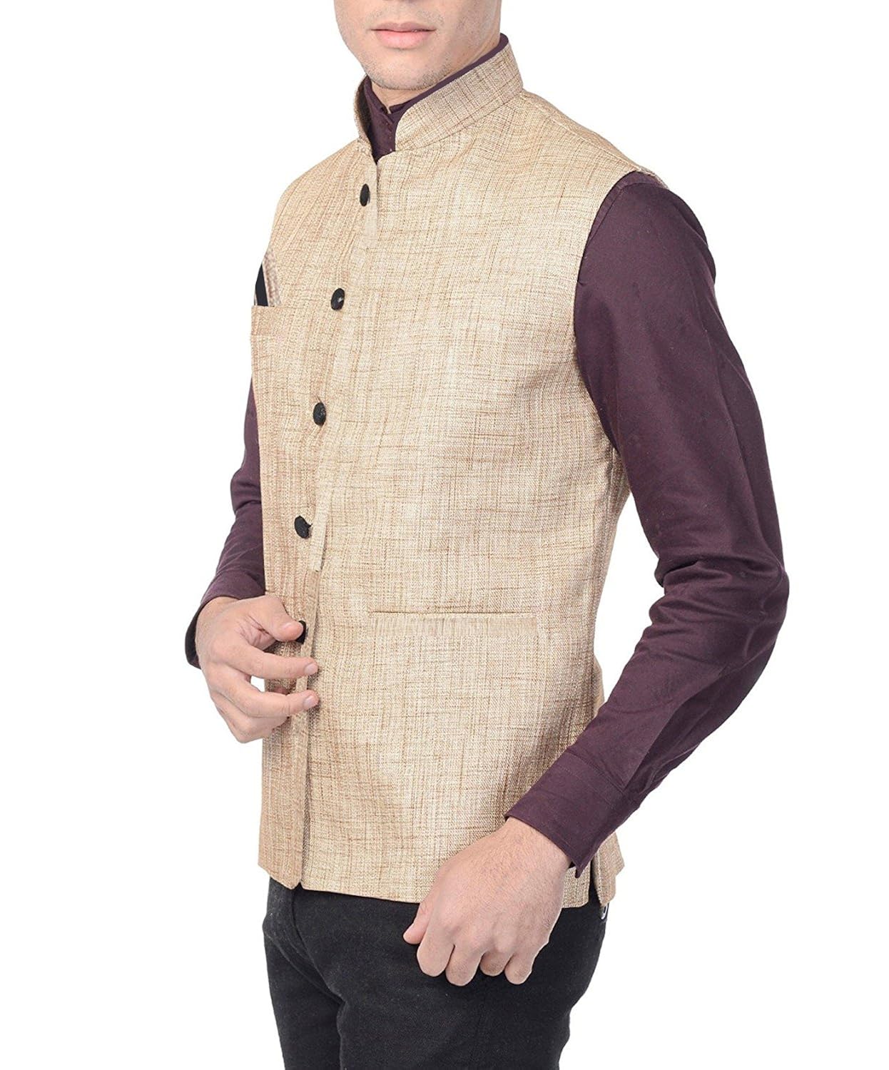 glamio men's beige waistcoat occassion partywear festival nehru jacket