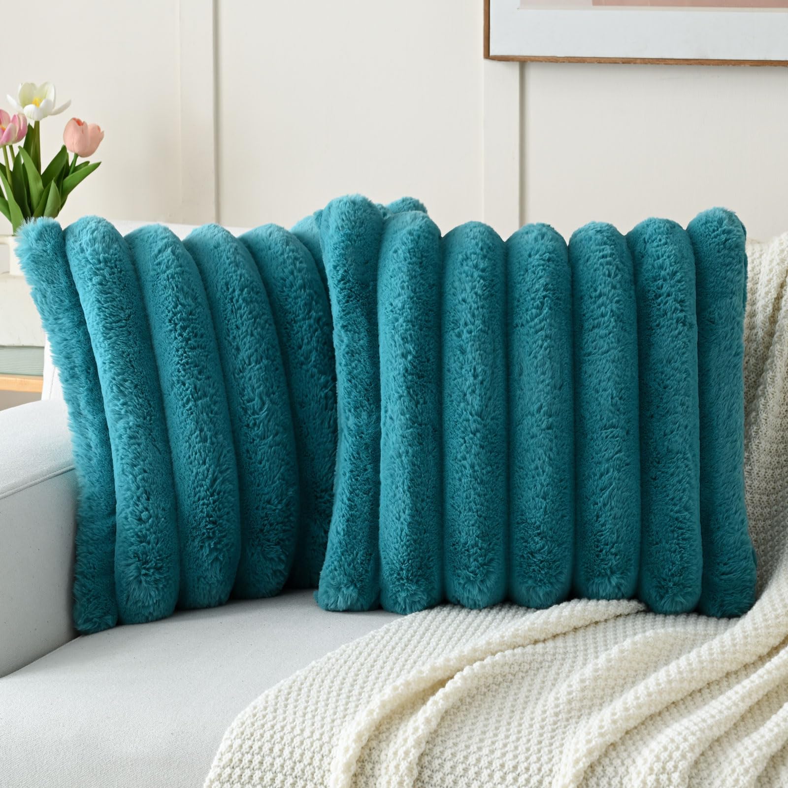 Photo 1 of FUTEI Teal Decorative Throw Pillow Covers 24x24 Inch Set of 2, Square Soft Faux Rabbit Fur Big Striped Pillow Sham,Home Decor for Couch Sofa Bed Living Room