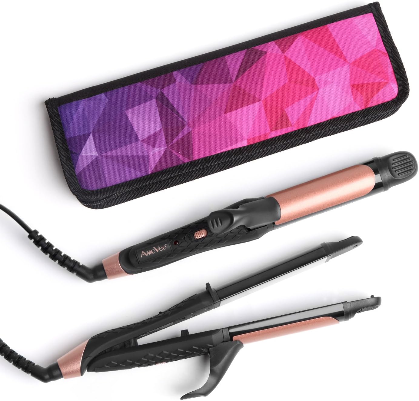 AMOVEE Hair Straightener, 2 in 1 Mini Flat Iron Curling Iron Travel Portable with Black Titanium Coated, Dual Voltage, 1 inch, Carry Bag Included, Black