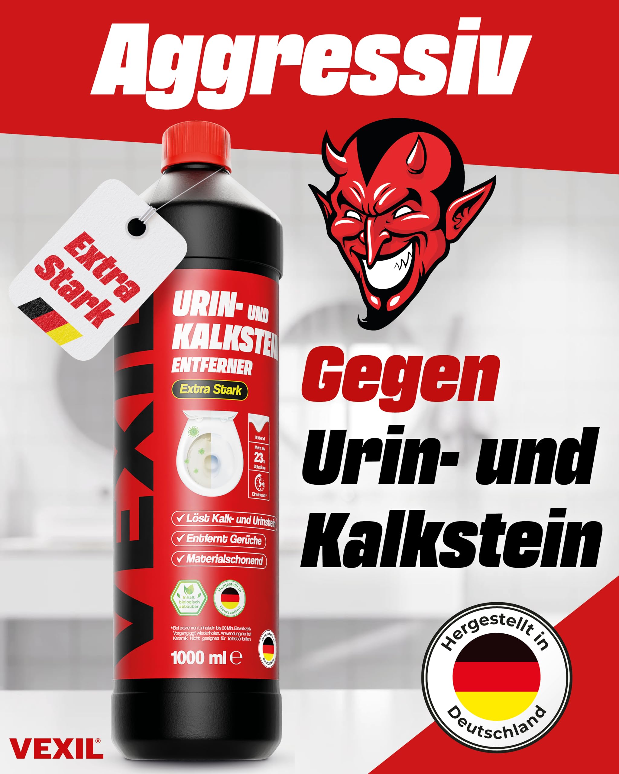 VEXIL® Urinsteinentferner EXTRA STARK - 1000 ml - entfernt mühelos hartnäckigen Urin- & Kalkstein - Profi WC-Reiniger - biologisch abbaubar - Urinsteinlöser Made in Germany 2