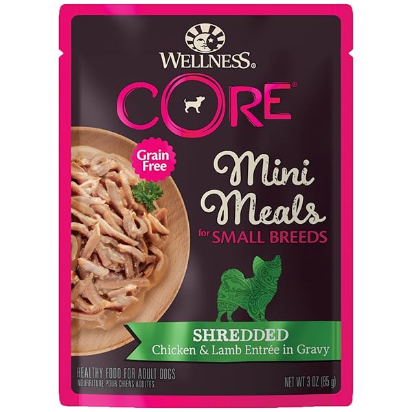WELLNESS CORE NATURAL GRAIN FREE SMALL BREED MINI MEALS WET DOG FOOD, SHREDDED CHICKEN & LAMB ENTRÉE IN GRAVY, 3-OUNCE POUCH (PACK OF 12)