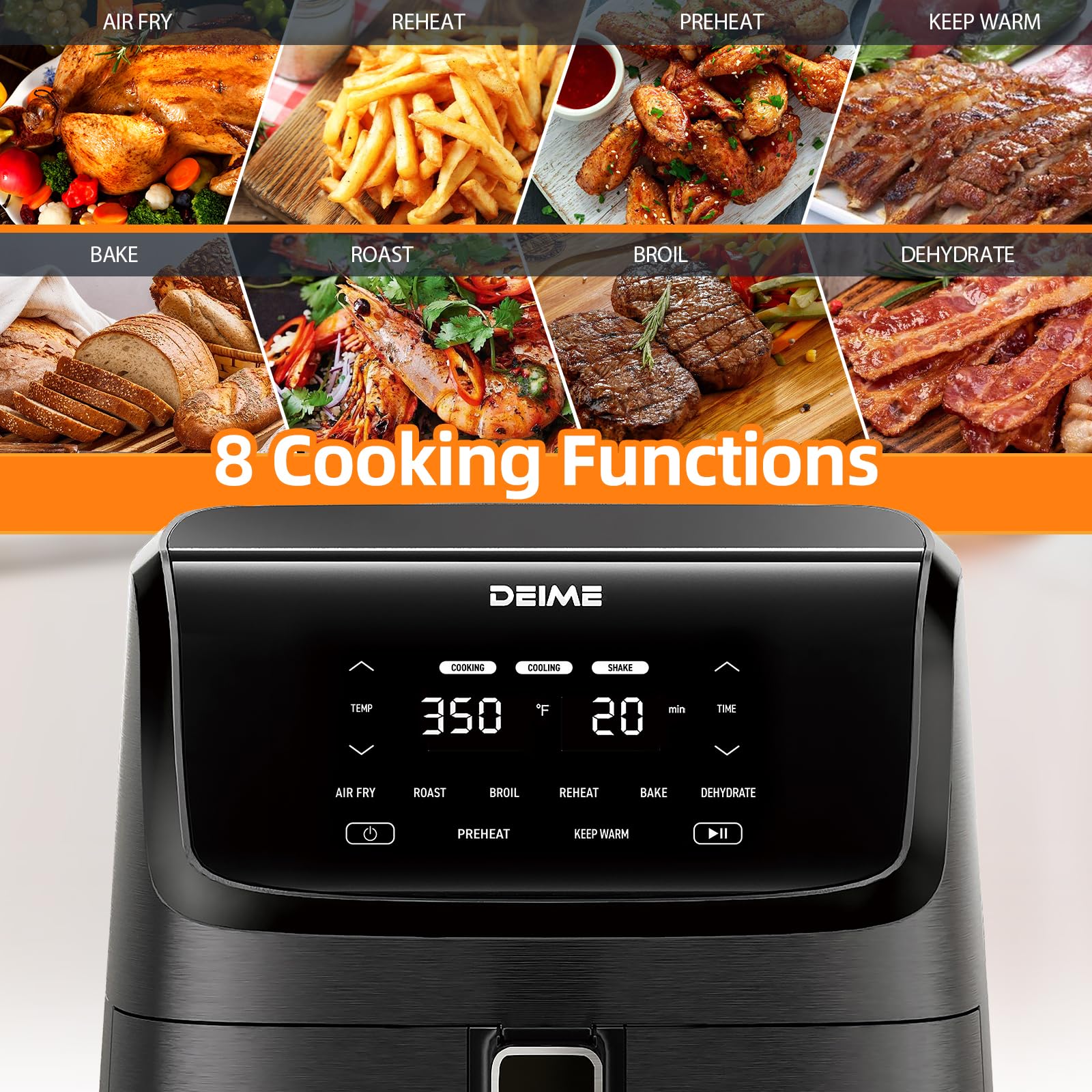 DEIME Freidora de aire 7.2 QT 1700W Horno sin aceite Cocina saludable Freidoras de aire Gran capacidad con 8 preajustes, Pantalla táctil LCD, Cocción personalizable, Cesta antiadherente (Negro)
