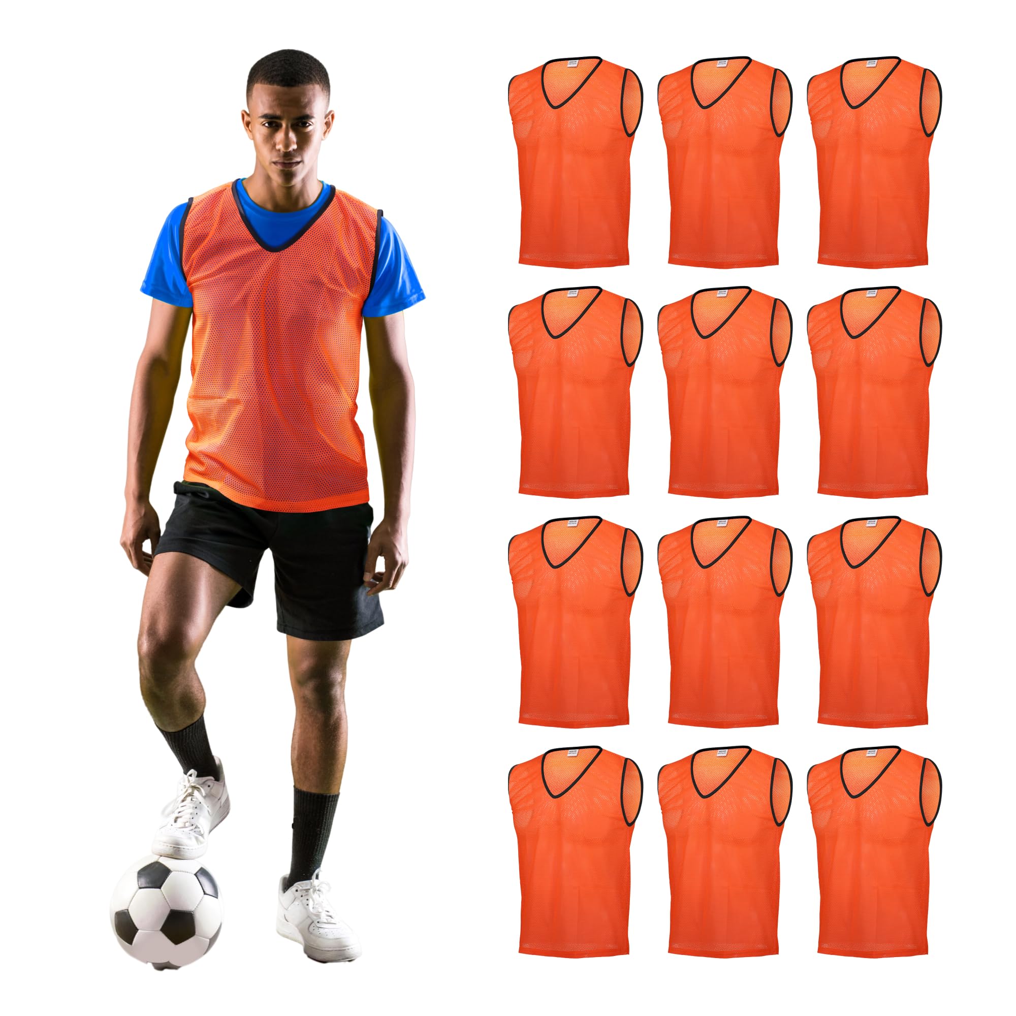 GSi Sports Pinnies - Pack of 12 - Free Size for Youth/Adult - 5 Color Options - Soccer, Basketball Practice Vest (Orange)