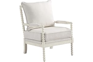 OSP Home Furnishings Kaylee Spindle Accent Chair with Antique White Wood Frame, White Linen Fabric