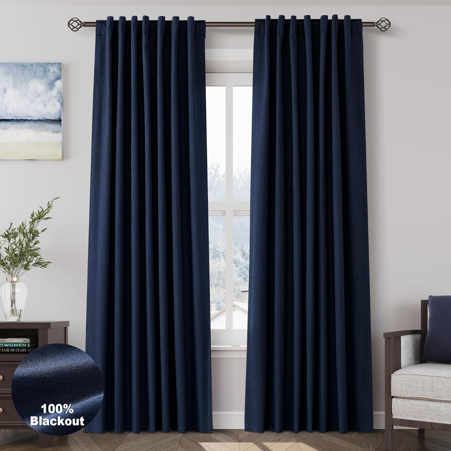 Window Treatments - Navy Blue Linen Blackout Curtains 84 Inches for Bedroom Pinch Pleated Modern Living Room Draperies 84 Length 2 Panels Energy Saving Thermal Insulated Dark Blue Black Out Curtains with White Backing