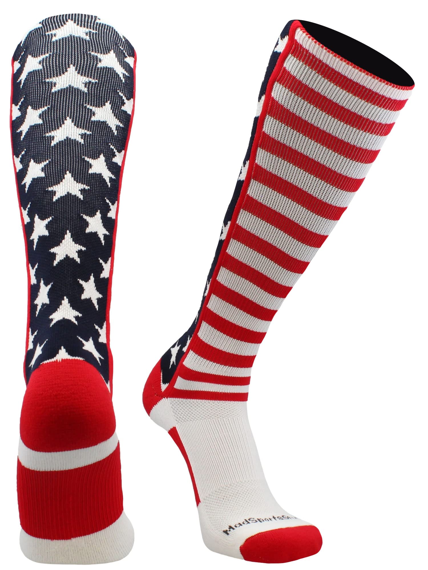MadSportsStuff Calcetines sobre la pantorrilla con bandera estadounidense fabricados en Estados Unidos (azul marino/rojo/blanco, pequeño)