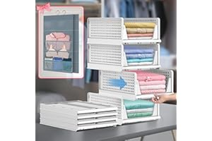 AOSION 4 Pack Stackable Plastic Storage Basket with Free Hanging Closet Organizer Foldable Clothes Storage Bin Drawer Shelf Container for Living Room Bathroom Kitchen (WHITE)
