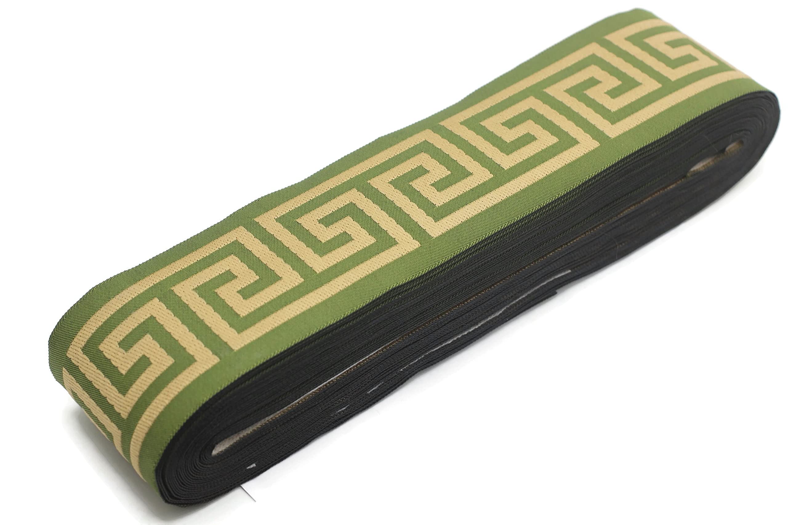 Photo 1 of 16 Yards Length 2.67" Width Gold and Green Greek Key Ribbon Trim Jacquard Trims for Your Drapes Curtains Drapery Banding Tape Upholstery Fabric 176-V13