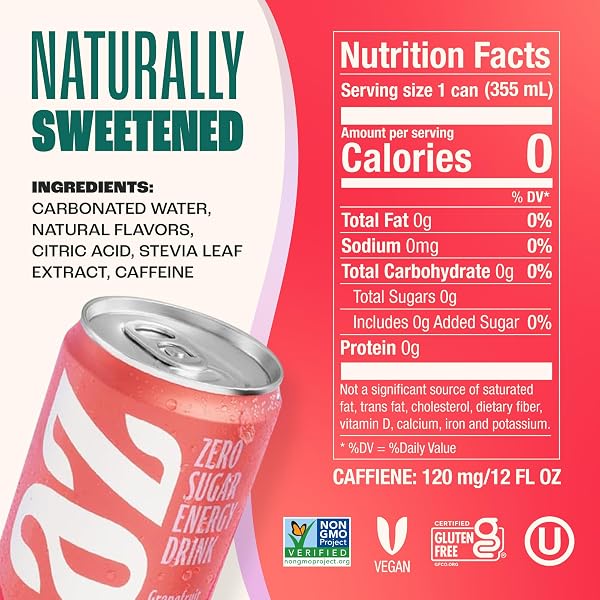 ZEVIA ZERO SUGAR ENERGY DRINK, GRAPEFRUIT, 12 OZ CANS (12-PACK) – NATURALLY SWEETENED, NON-GMO PROJECT VERIFIED, GLUTEN-FREE, VEGAN