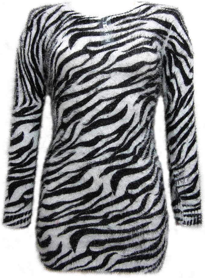 Ladies Fluffy Soft Zebra Print Womens Long Knitted Stretch Winter Jumper Top Size 8-14 (White 