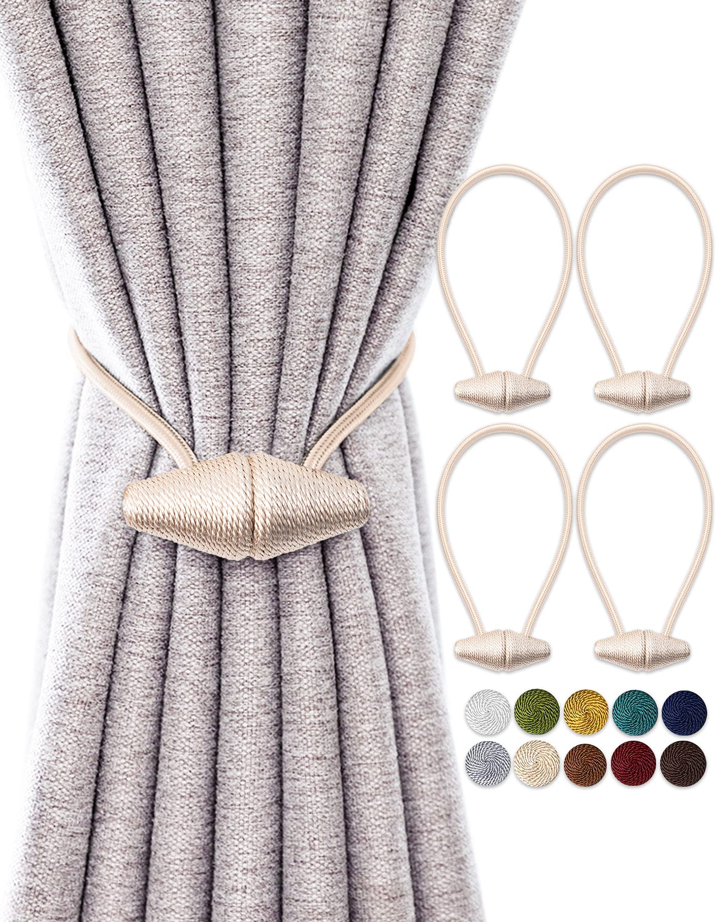 TECVINCI Magnetic Curtain Tiebacks with Upgrade Larger Magnet, 4 Pack 40cm Drapery Holdbacks for Indoor & Outdoor Curtain - Beige