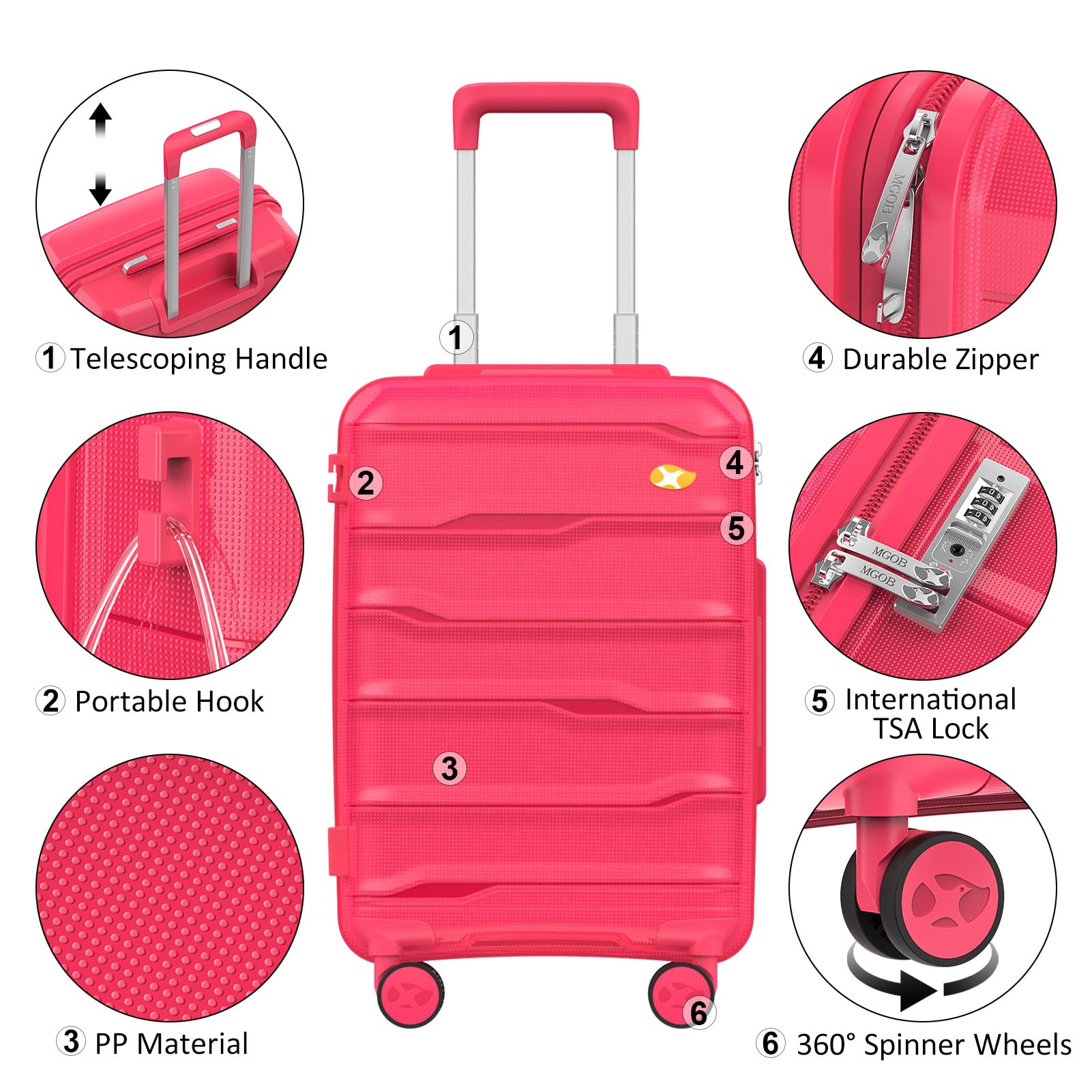 MGOB Carry On Luggage 22x14x9 Airline Approved, Hard Shell Suitcase with Spinner Wheels, PP Lightweight Luggages with TSA Lock, Carry-On Suitcases 20 Inch, Red