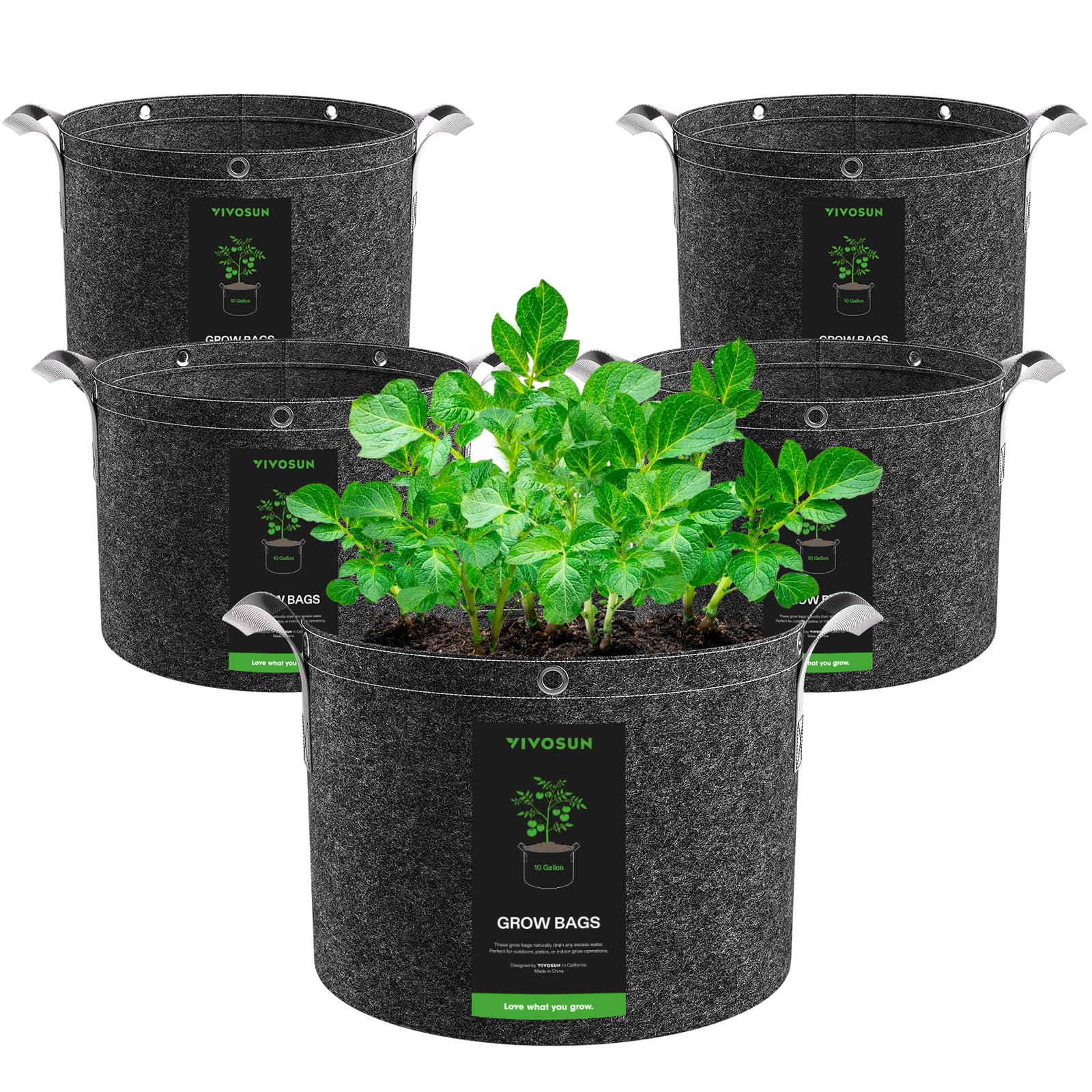 VIVOSUN Grow Bags 5-Pack 40L, 500G Thick Nonwoven Fabric Pots with Strap Handles, Multi-Purpose Rings, for Low Stress Plant Training Fruits, Vegetables, and Flowers