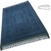 Prayer Mat Muslim Mat Islamic Thick Large Padded Sajadah for Kids Men Women with Islam Prayer Beads for Eid Travel Ramadan Soft Luxury Ideal for Knees and Forehead (Green)