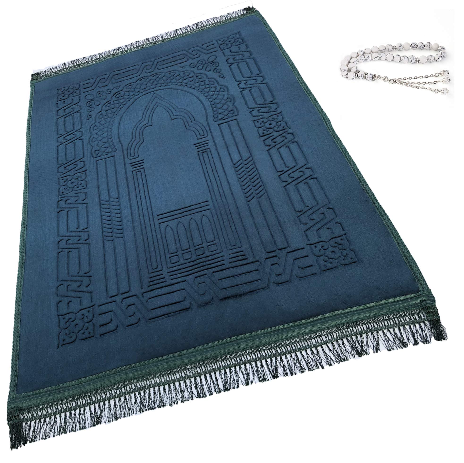 Prayer Rug Muslim Mat Islamic - Thick Large Padded Sajadah for Kids Men Women with Islam Prayer Beads for Eid Travel Ramadan, Soft Luxury Great for Knees and Forehead(green)