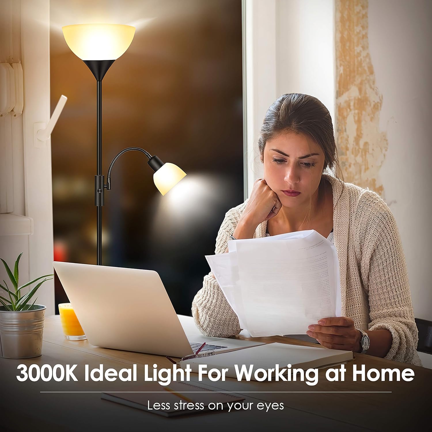Floor Lamp - Standing Lamp, 9W LED Torchiere Floor Lamp + 4W Adjustable Reading Lamp, 3000K Energy-Saving LED Bulbs, 3-Way Switch, >50,000hrs Lifespan, Floor Lamps for Bedroom, Living Room, Office: Home Improvement