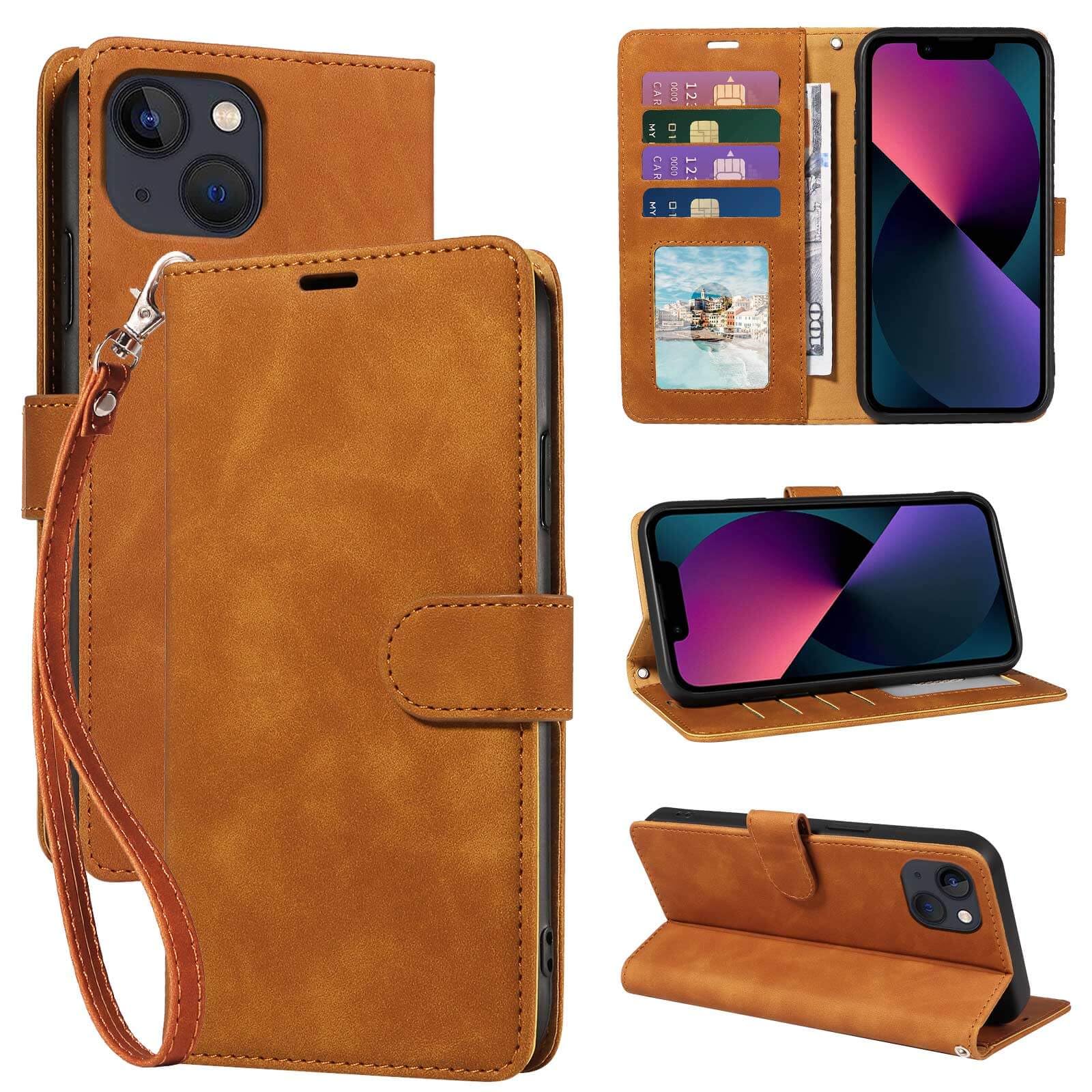 GOTOURED for iPhone 13 Phone Case Wallet, RFID Blocking 4 Card Slots, Wrist Strap, Kickstand, Magnetic Closure, Shockproof Protective Soft Leather Flip Cover for iPhone 13 6.1 inch (Brown)