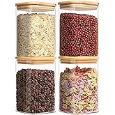 VIEWELLD 1.2 Qt Square Glass Storage Containers with Lids, glass jar with airtight lid, Glass Canister for Pantry Cookie Cereal Rice Sugar Tea Coffee Beans Spice, Square Set of 4