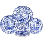 Spode Blue Italian 5 Piece Dinnerware Set - Earthenware Dinner Plate, Salad Plate, Bread Plate, Saucer, Teacup - Microwave Safe Ceramic with Countryside Inspired Detailing - Oriental Style Accents