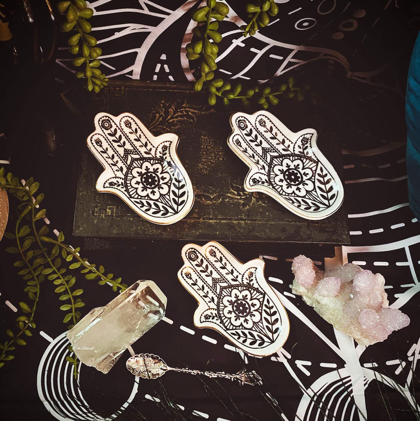 Jewelry Trinket Ring Dish Ceramic Hamsa Evil Eye Hand of Fatima Holder Key Ashtary Trinket Plate Bowl Small Boho Home Decorative Cute Decor Jewelry Tray Dish Gift Mom Brithday