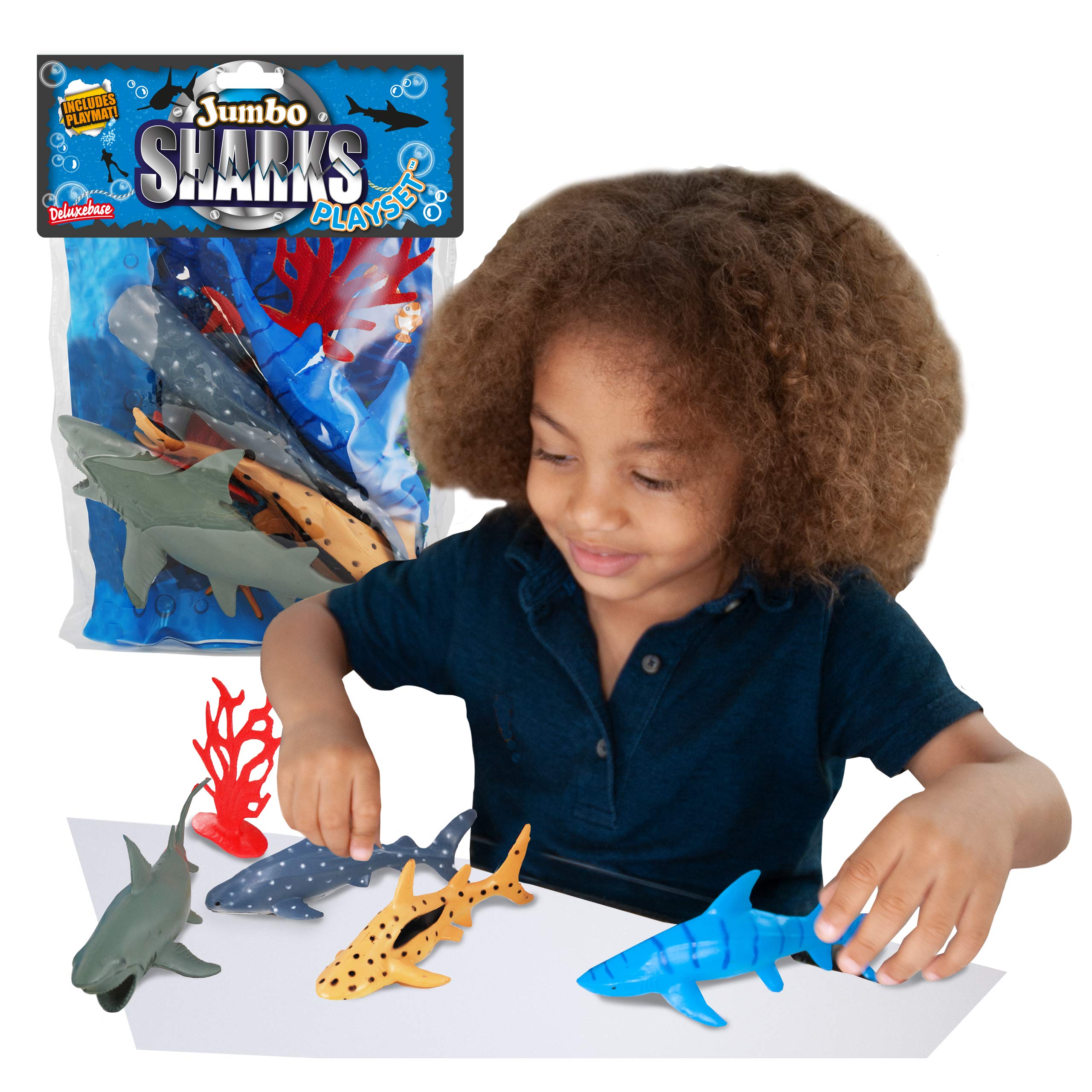 Deluxebase Jumbo Playset – Sharks, 5-Piece Shark Figurines Toy Set with Playmat for Kids, Great Animal Toys for Creative Play and Learning