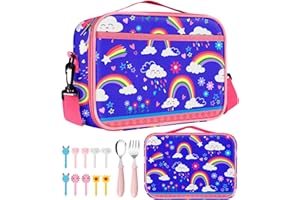 Swooflia Lunch Bag Box For Kids Girls Boys School Preschool Kindergarten Rainbow Cloud Blue Insulated Cooler Lunchboxes Reusable Lunch Kit Pail 5.3L With Fork Spoon Food Picks for 4-12 Years Old