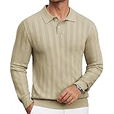 Mens Knit Polo Shirt Regualr Fit Lightweight Soft Casual Long Sleeve Striped Golf Polo Shirts