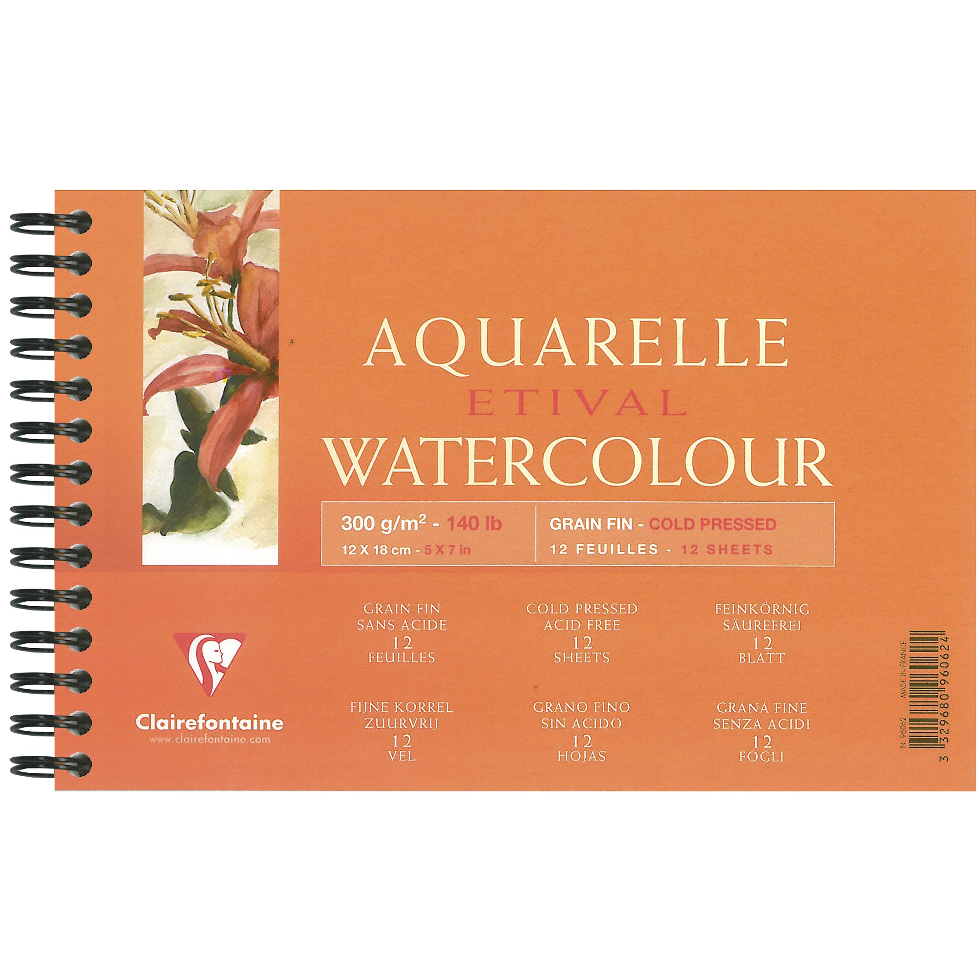 Clairefontaine - Ref 96062C - Etival Cold Pressed Wirebound Watercolour Painting & Drawing Pad (12 Sheets of Paper) - 12 x 18cm - 300gsm Cellulose Art Paper