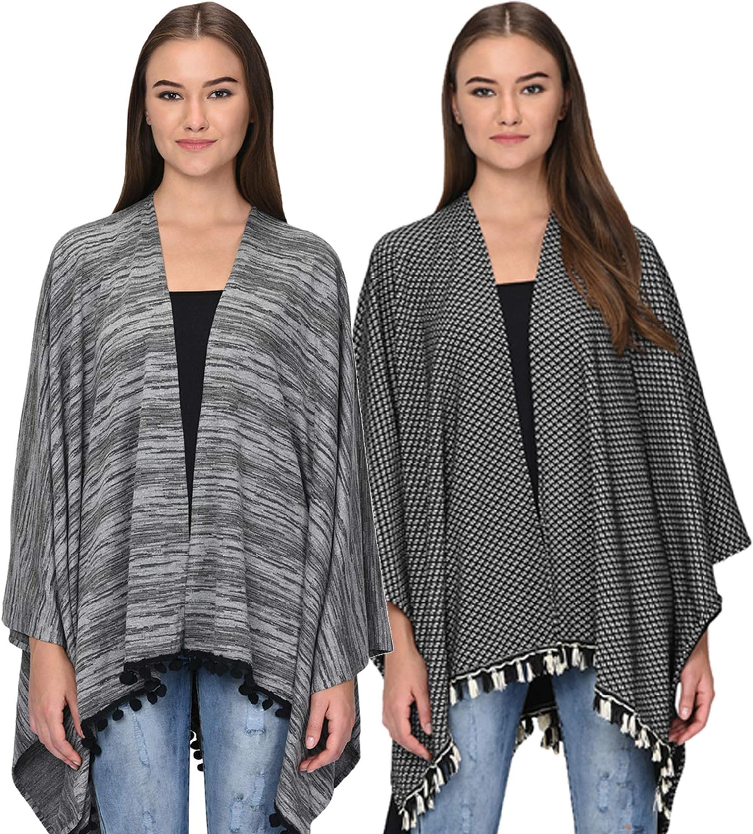 SKiDlers Women's Open Front V Cut Reversible Tassel Knitted Large Poncho Capes wrap Shawl Cardigans (Pack of 2)