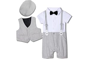 A&J DESIGN 4pcs Baby Boys Suit, Gentleman Outfits 3 Months - 18 Months, Romper & Vest & Berets Hat & Bow Tie