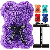 Rose Bear,Handmade Rose Teddy Bear, for Girlfriend and Daughter,10-inch Rose Flower Bear Gifts for Valentine's Day,Mother's Day,Wedding,Anniversary's Clear Gift Box (Purple)
