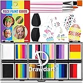 Drawdart Professional Face Painting Kit for Kids & Adults, Split Cake Face Paint Palette 12 x 10gm with Stencil, One Stroke Non Toxic Rainbow Body Paint Set for Halloween & Christmas Makeup