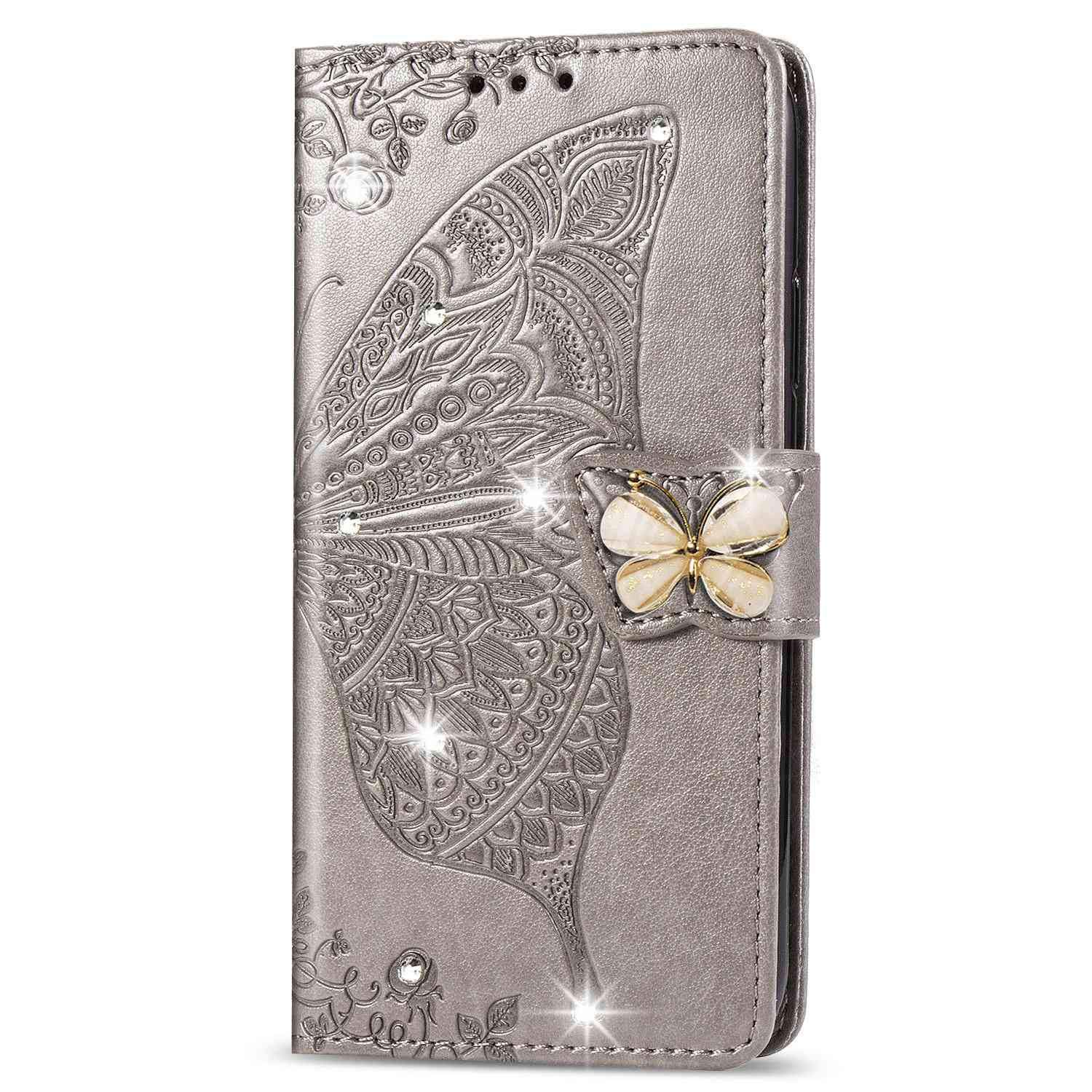 Reevermap iPhone 11 Case Glitter Cystal Flip PU Leather Phone Cover for iPhone 11, Shockproof Wallet Card Slots Butterfly Embossed Gems Bling Shiny Magnetic Clasp Kickstand, Dark Grey