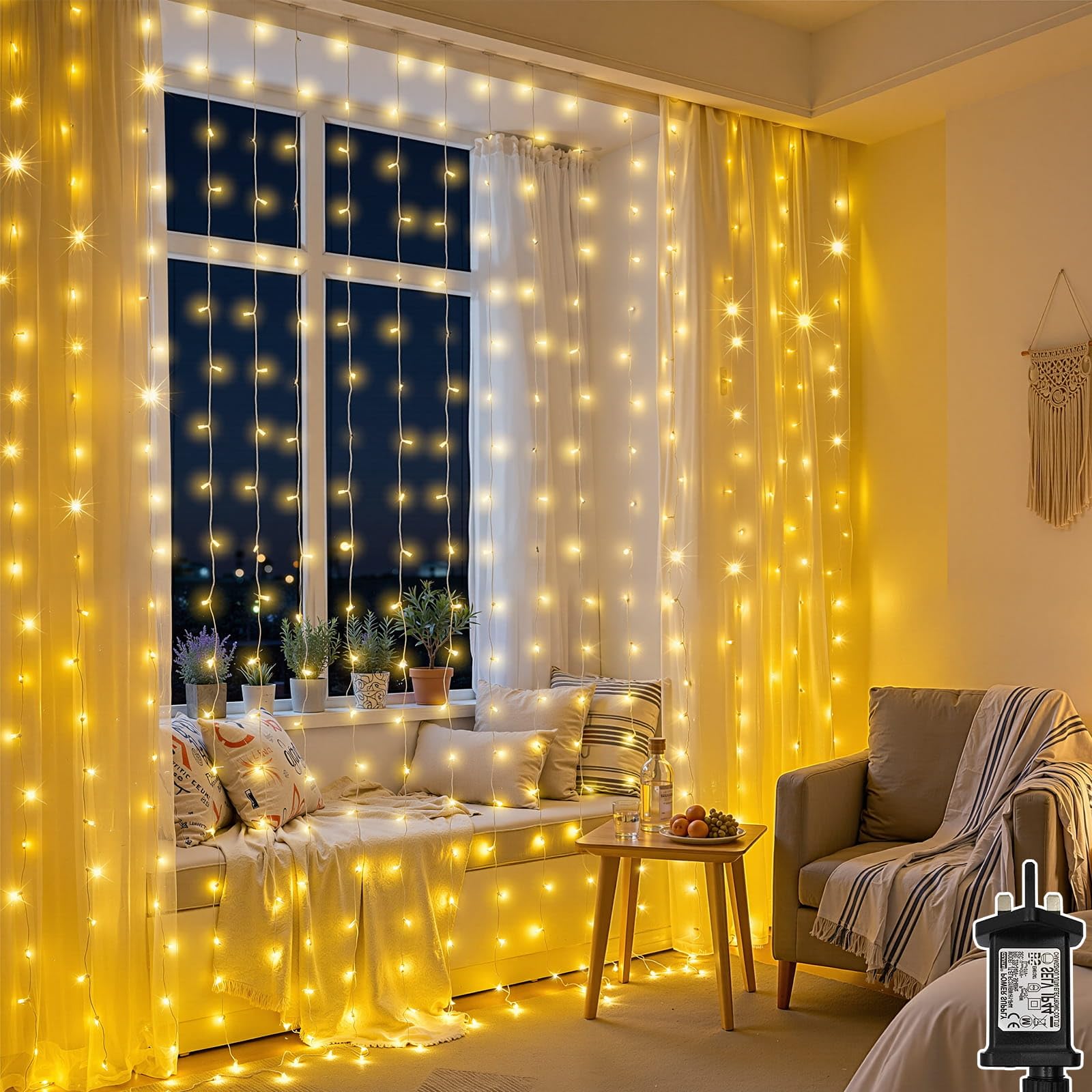 yowin 2 Pack Curtain Lights Indoor Outdoor 3m x 3m 300 LED Fairy Lights Curtain with Timer, Mains Powered Window String Lights, 8 Modes Waterproof Hanging Backdrop Lights for Bedroom Gazebo Wedding