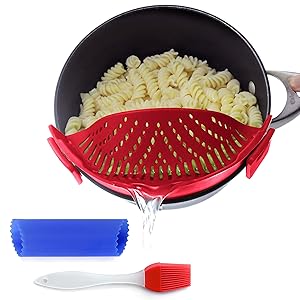 Clip-On Kitchen Food Strainer for Spaghetti, Pasta, Ground Beef Grease, Colander & Sieve Snaps on Bowls, Pots and Pans, Set includes Silicone Strainer, Brush & Garlic Peeler by Salbree (Dark Red)