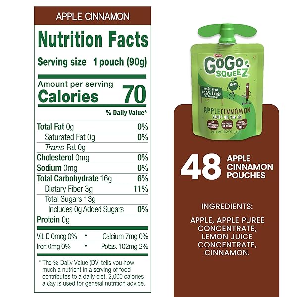 GOGO SQUEEZ NO SUGAR ADDED APPLESAUCE AND FRUIT PUREE, APPLE CINNAMON, 3.2 OZ POUCHES (PACK OF 48), FRUIT SNACKS FOR KIDS, GLUTEN FREE, NUT FREE, RECLOSEABLE CAP, BPA FREE