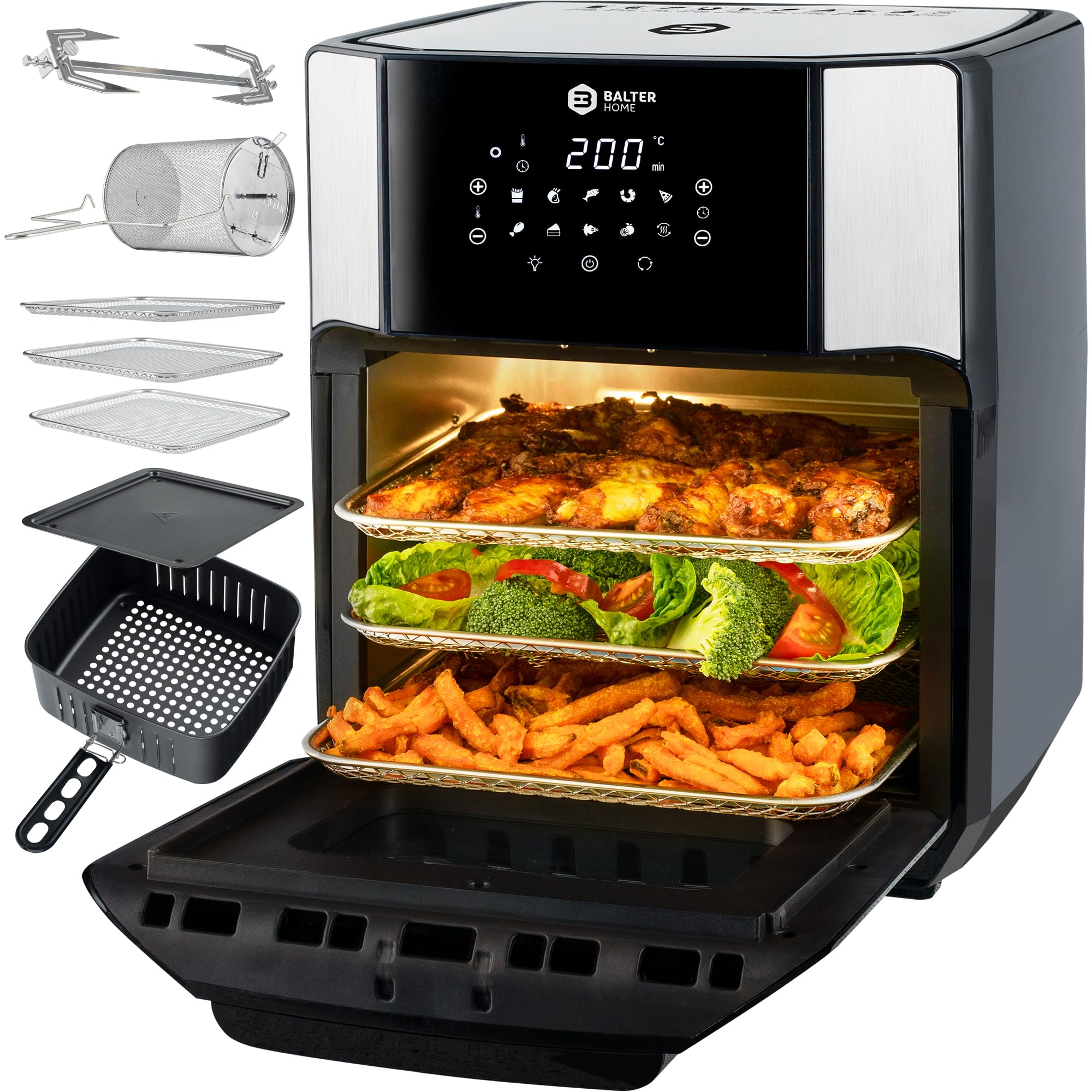 Balter Heißluftfritteuse Airfryer, 12 Liter XXL, Mini Backofen, Dörrautomat, Friteuse Heissluftfritteuse, 10 Programme, all-in-1 Air Fryer, Rezeptbuch, HL-1200