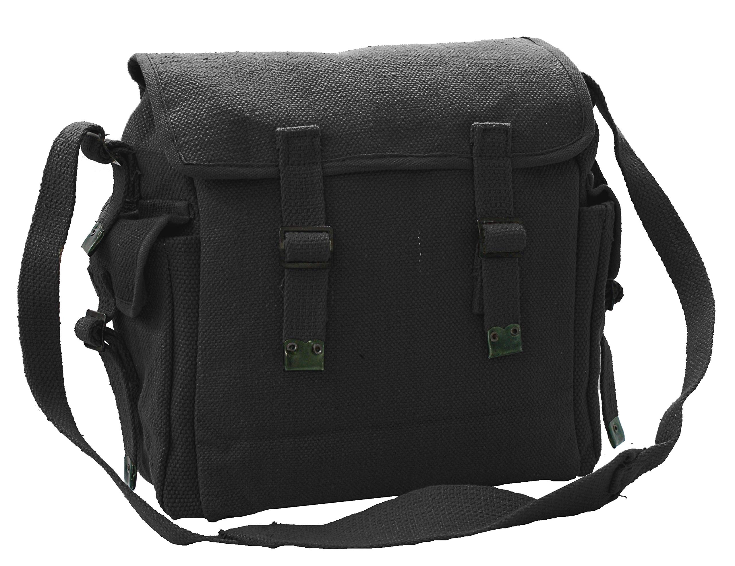 Canvas Webbing Messenger Bag With Pockets (Black)