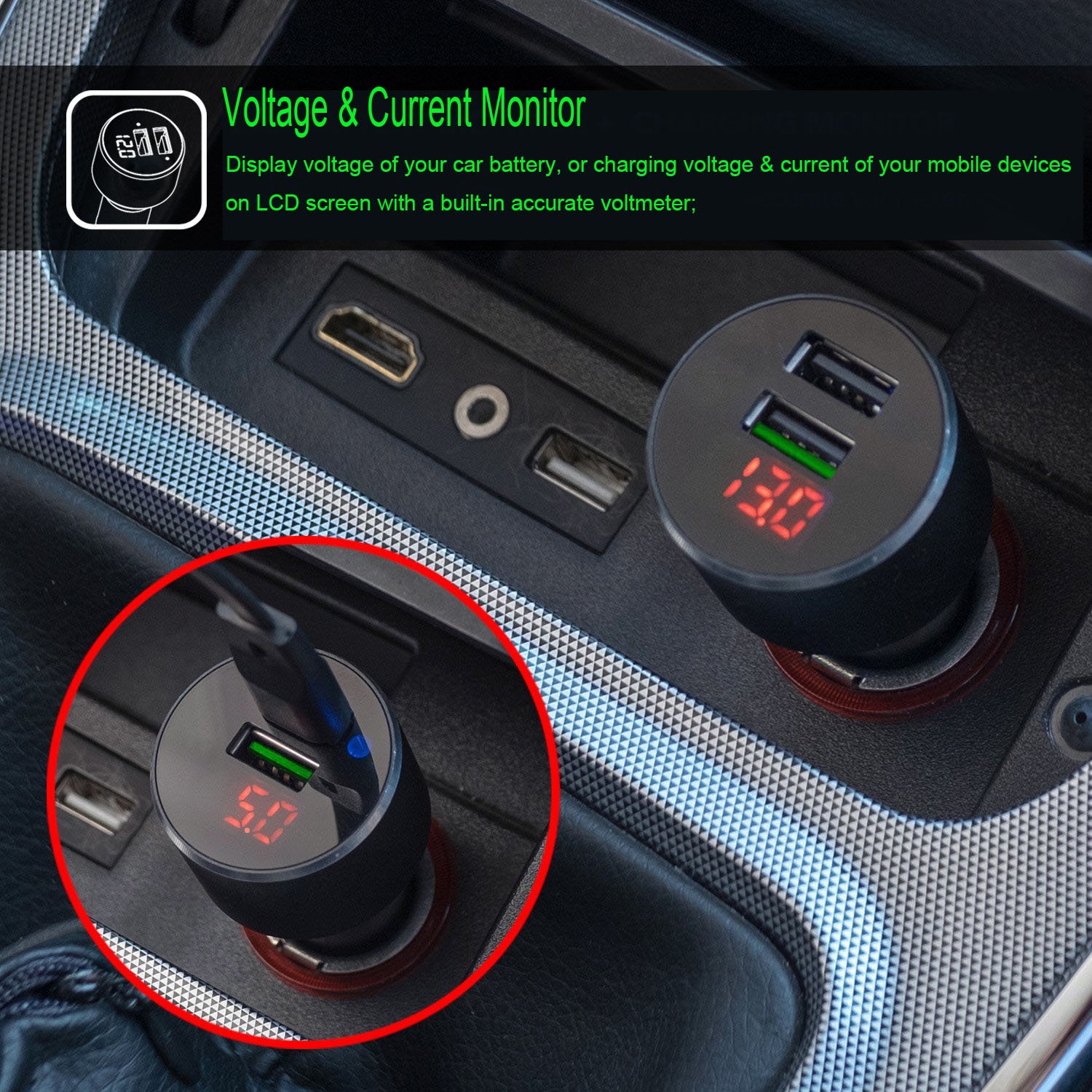 Dual USB Car Charger For iPhone x 8 6 7 Plus, fast car charger quick charge 3.0 for Galaxy S9 S8 S7 S6 Edge Plus Note 8, Cigarette Lighter Adapter w/Safety Hammer, 34W QC 3.0 & 5V/2.1A Ports black