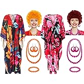 Chicingyou 10pcs Landlady Bulk Costume Set Curly Brown Wig Print Caftan Dresses Jewelry Set for Halloween Women Cosplay Party (Orange,Flower)