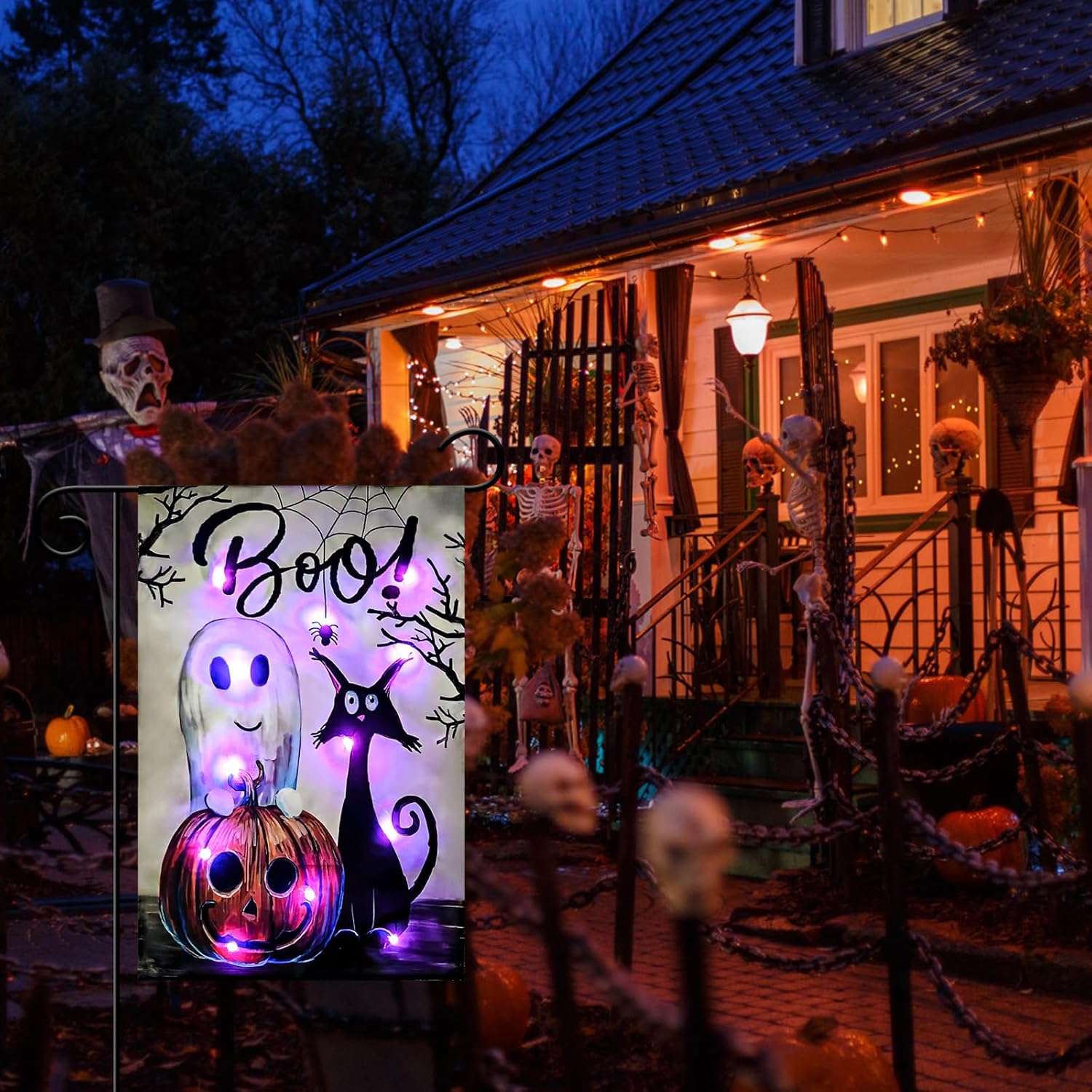 Yard Signs - Solar Lights Halloween Welcome Garden Flag With Ghost BOO Cat Pumpkin Bat Witch, Double Sided Outside Decorations Burlap Yard Flag 12x18 Inch (Solar light, B2)