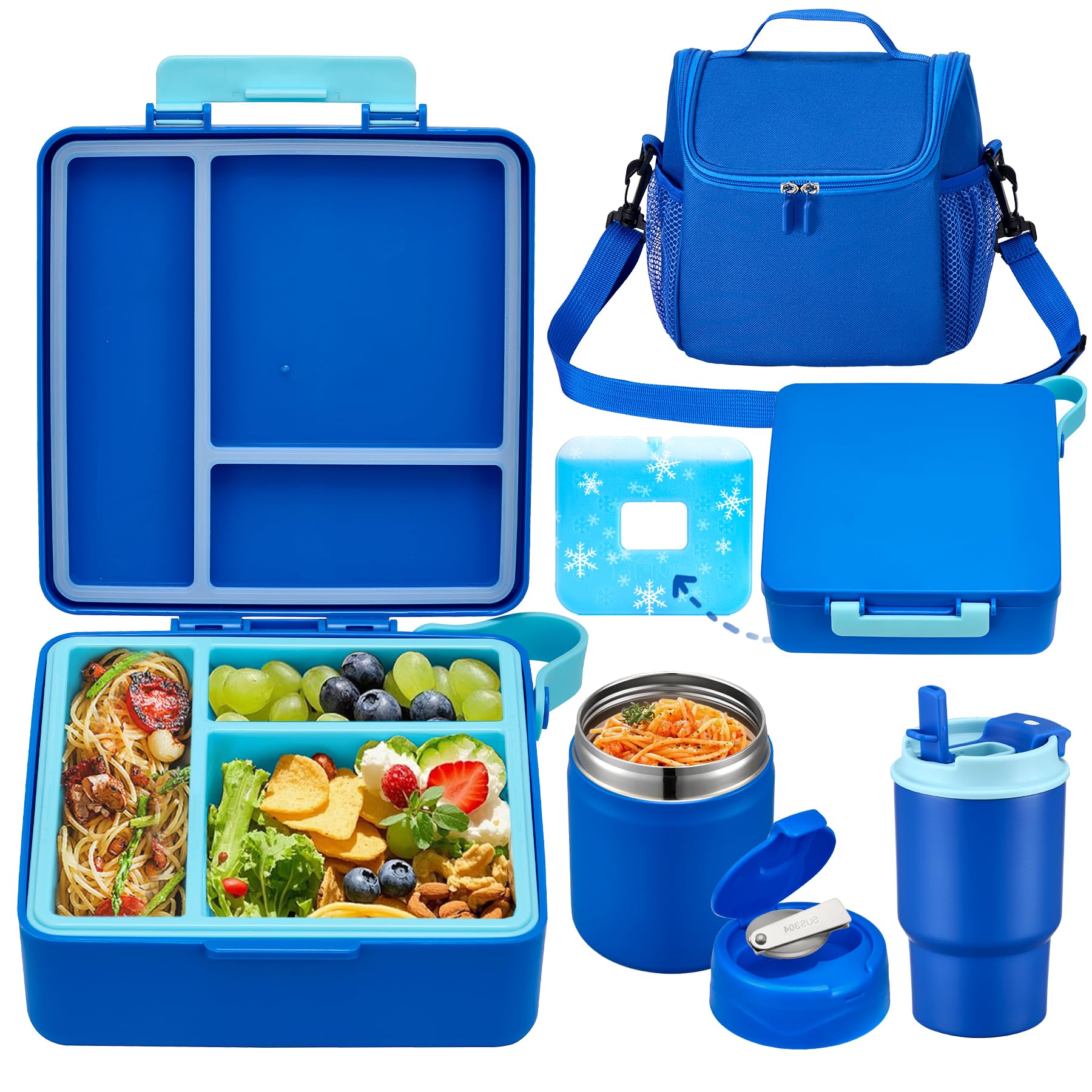 Photo 1 of Bento Lunch Box for Kids with 17oz Soup Thermo,Insulated Tumbler Water Bottle and Insulated Lunch Bag,Leak-Proof 3 Compartment Lunch Food Container with with Ice Pack for Kids to School-Blue