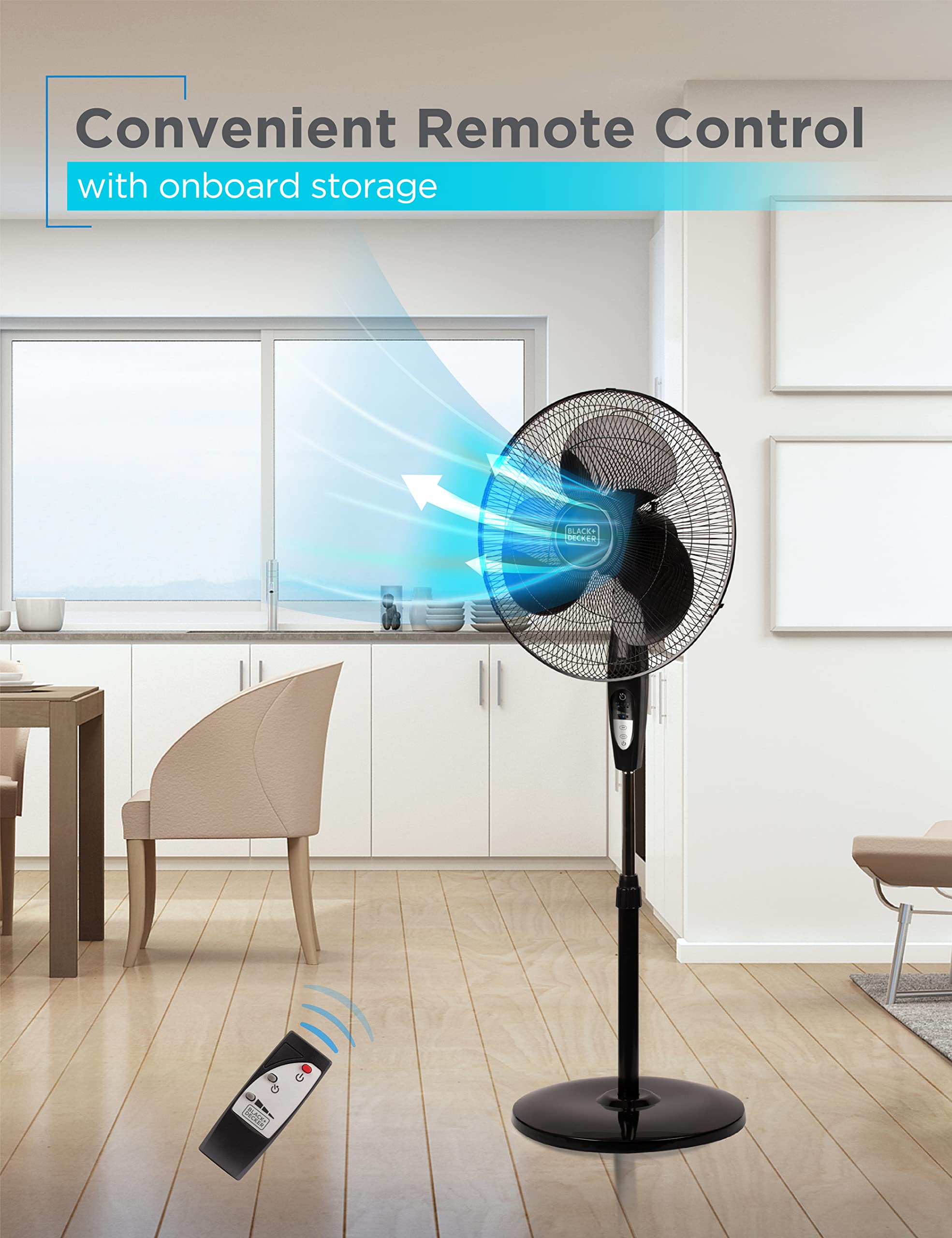 BLACK+DECKER 16 Inches Stand Fan with Pedestal Base, Height Adjustable Pedestal Fan with Remote and Touch Control Panel, Free Standing Fan with 90-Degree Oscillating and 3-Speed Settings, Black