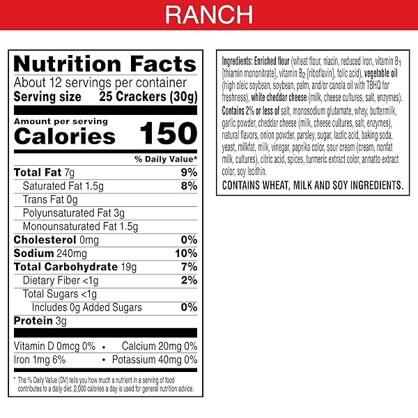 CHEEZ-IT CHEESE CRACKERS, BAKED SNACK CRACKERS, LUNCH SNACKS, HIDDEN VALLEY RANCH, 12.4OZ BOX (1 BOX)