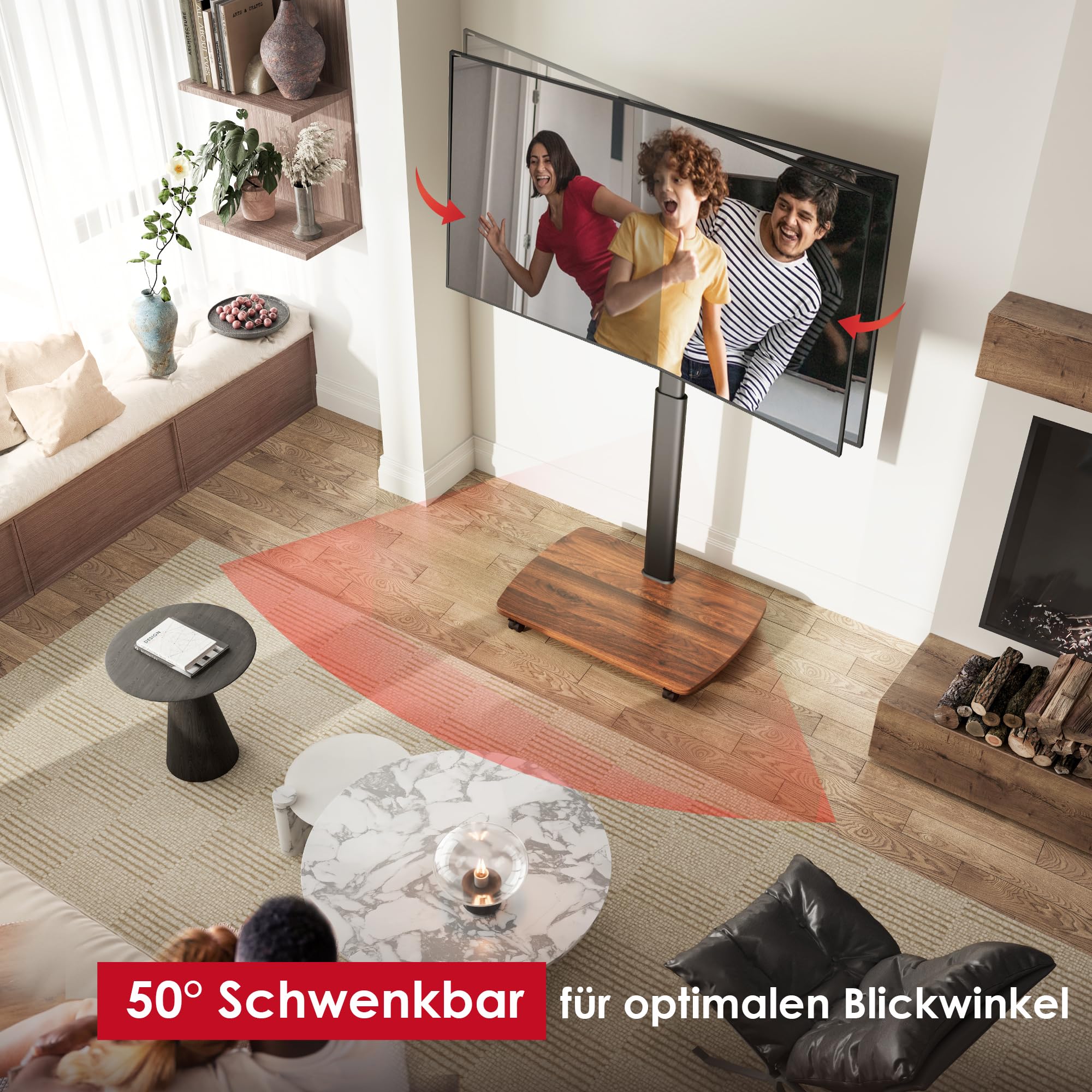 AOKCOS TV Bodenständer Rollbar mit Holzregal, TV Ständer mit Rollen für 43-75 Zoll Flach & Curved Fernseher bis 50kg, Höhenverstellbar Schwenkbar Fernsehstand, Max.VESA 600x400mm 2