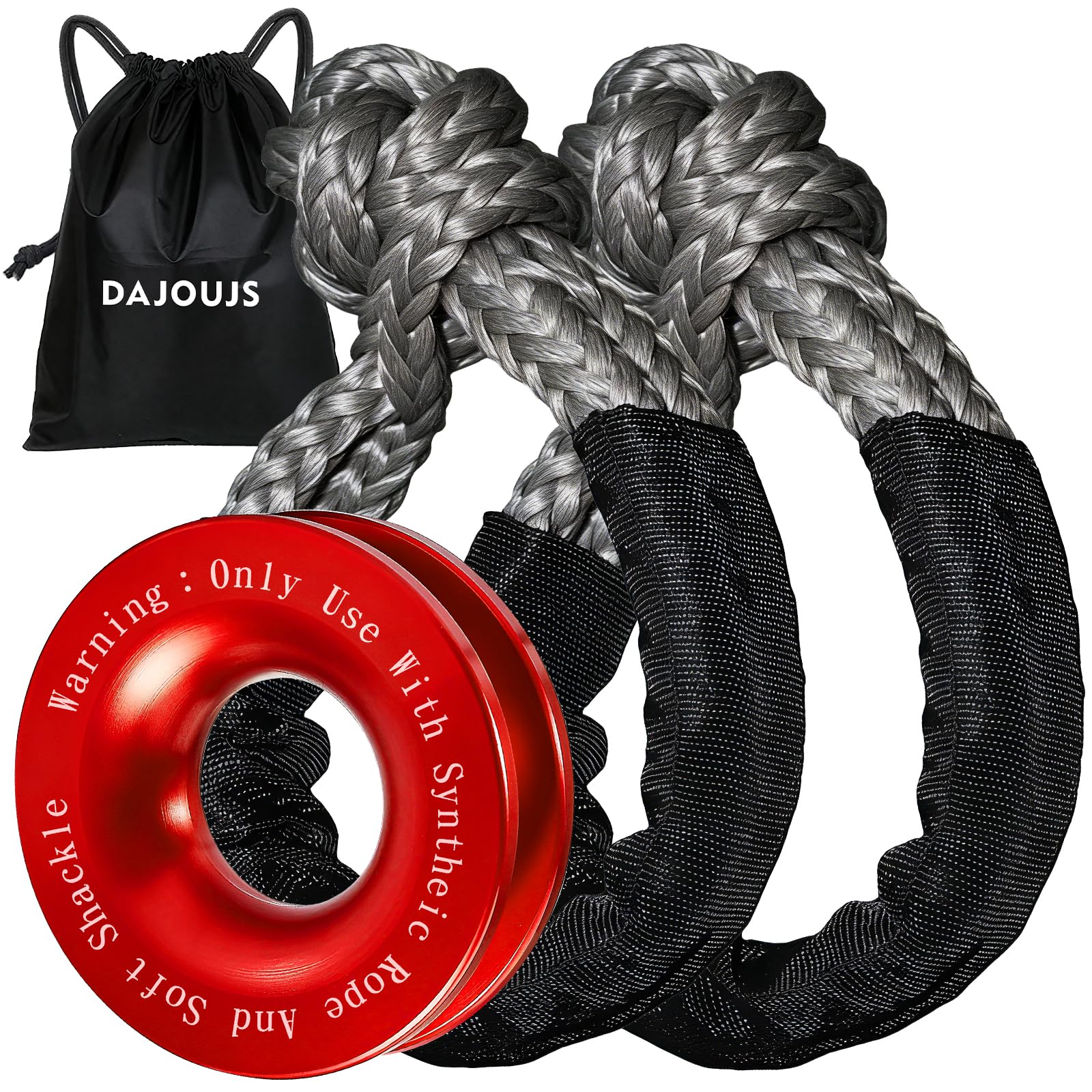DAJOUJS Synthetic Soft Shackle Rope 1/2 Inch x 22 Inch Gray Recovery Tow Shackles with Red Recovery Ring 56,000lbs Breaking Strength Offroad Soft Shackle Recovery Kit for Truck, Jeep, SUV, UTV, ATV Image